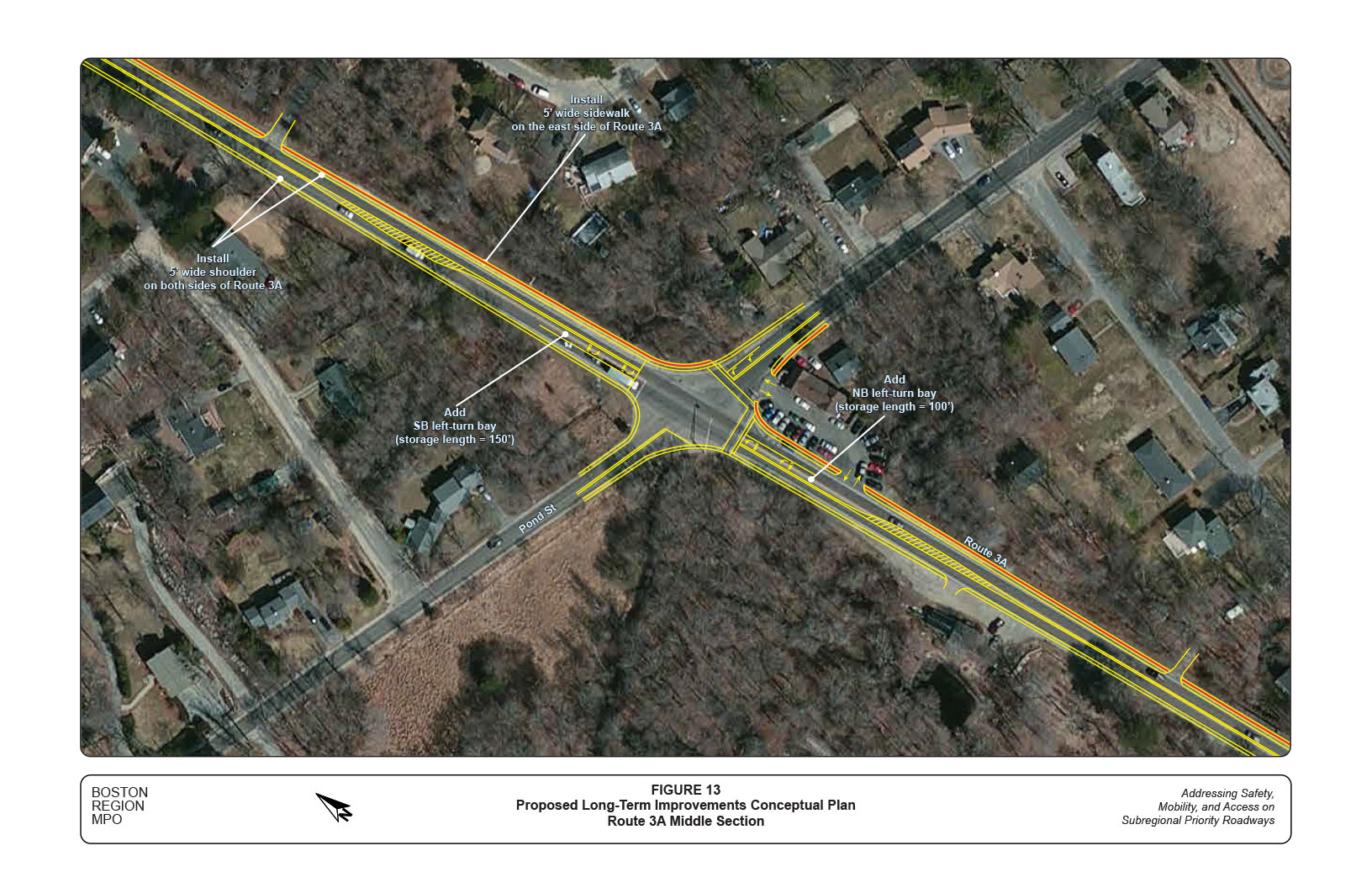 Figure 13 is an aerial view map that depicts the conceptual plan for the proposed long-term improvements in the vicinity of the intersection of Route 3A at Pond Street.