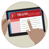 A graphic of a person using a tablet, on the screen is an image of the blog title that says TransReport.