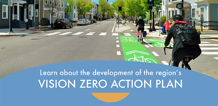 Image of a cyclist on a bike path with text that says "Learn about the development of the region's vision zero action plan."