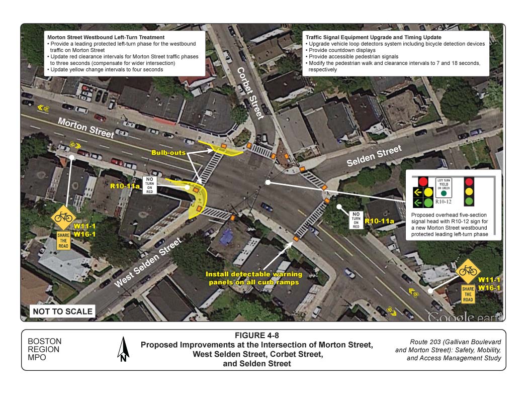 Figure 4-8 Graphic showing proposed improvements at the intersection of Morton Street at West Selden Street, Corbet Street, and Selden Street