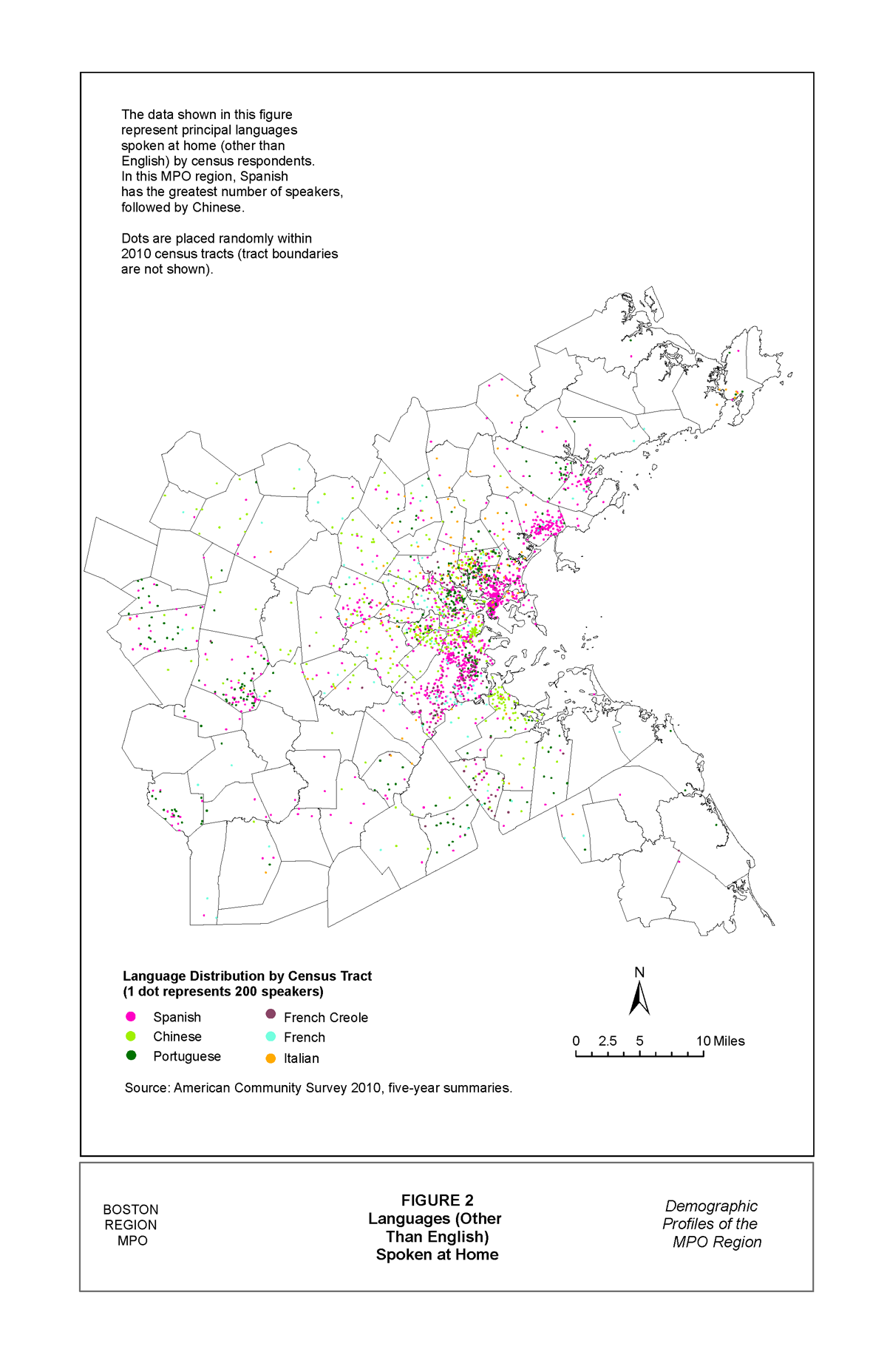 Figure 2 shows data representing the principal languages spoken at home (other than English) by census respondents. In this region, Spanish has the greatest number of speakers, followed by Chinese.