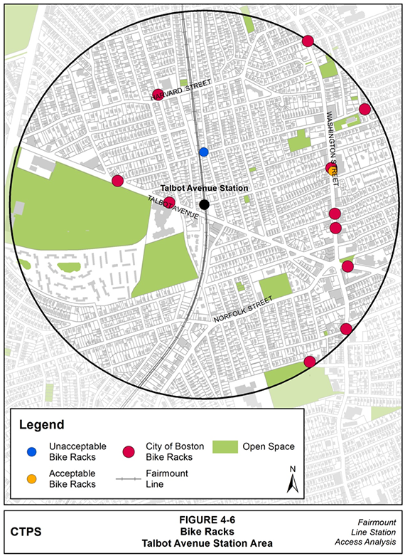 Figure 4-6, Bike Racks—Talbot Avenue Station Area: Figure 4-6 (portrait orientation) presents a map of the bike racks in the Talbot Avenue station area, identified as either acceptable or unacceptable by APBP standards. The map also shows where bike racks have been installed by the City of Boston in the station area.