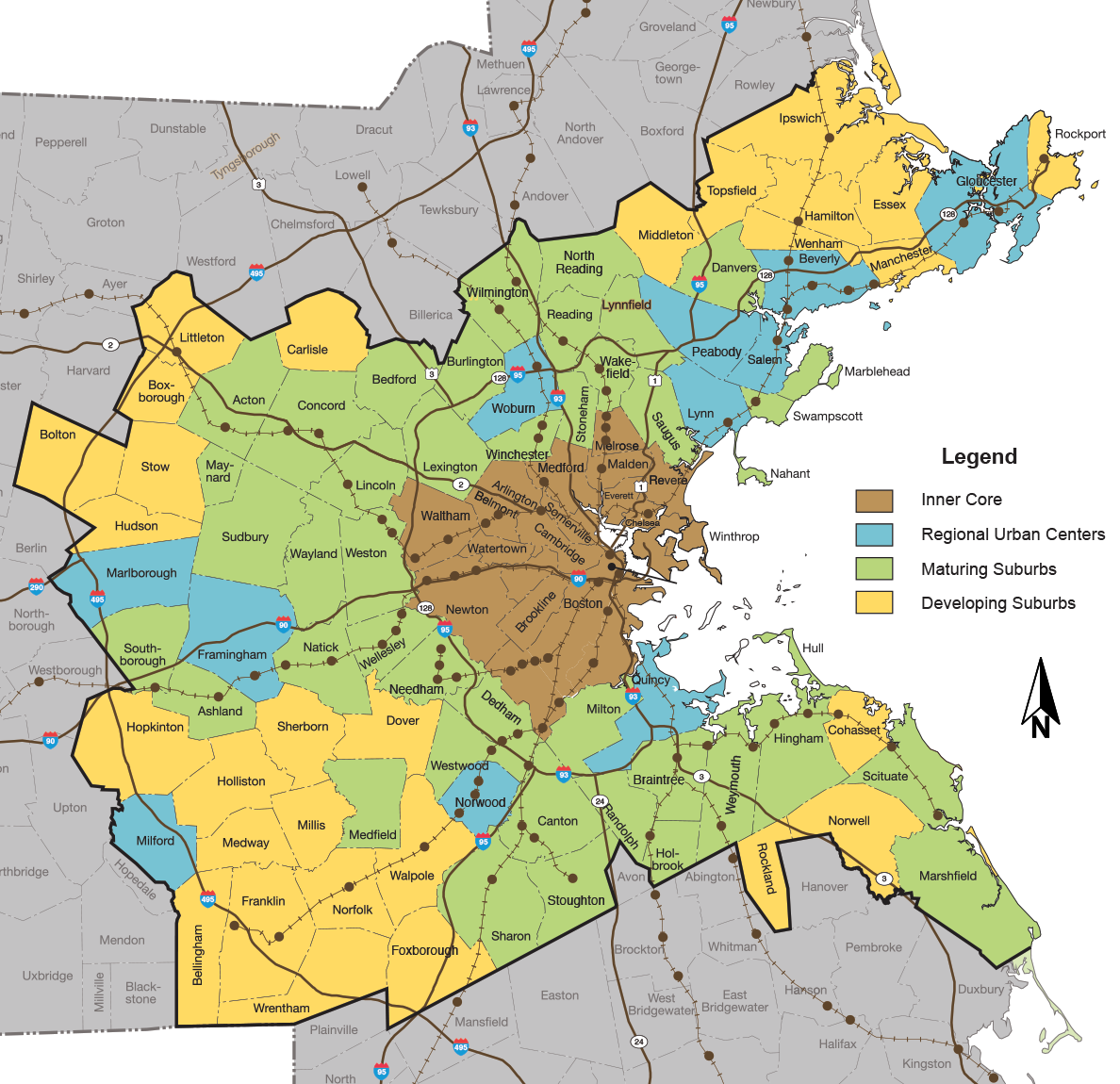 Figure 2-1 is map of the Boston Region MPO Area divided by the four Metropolitan Area Planning Council Community Types. The four Community Types are Inner Core, Regional Urban Centers, Maturing Suburbs and Developing Suburbs. 