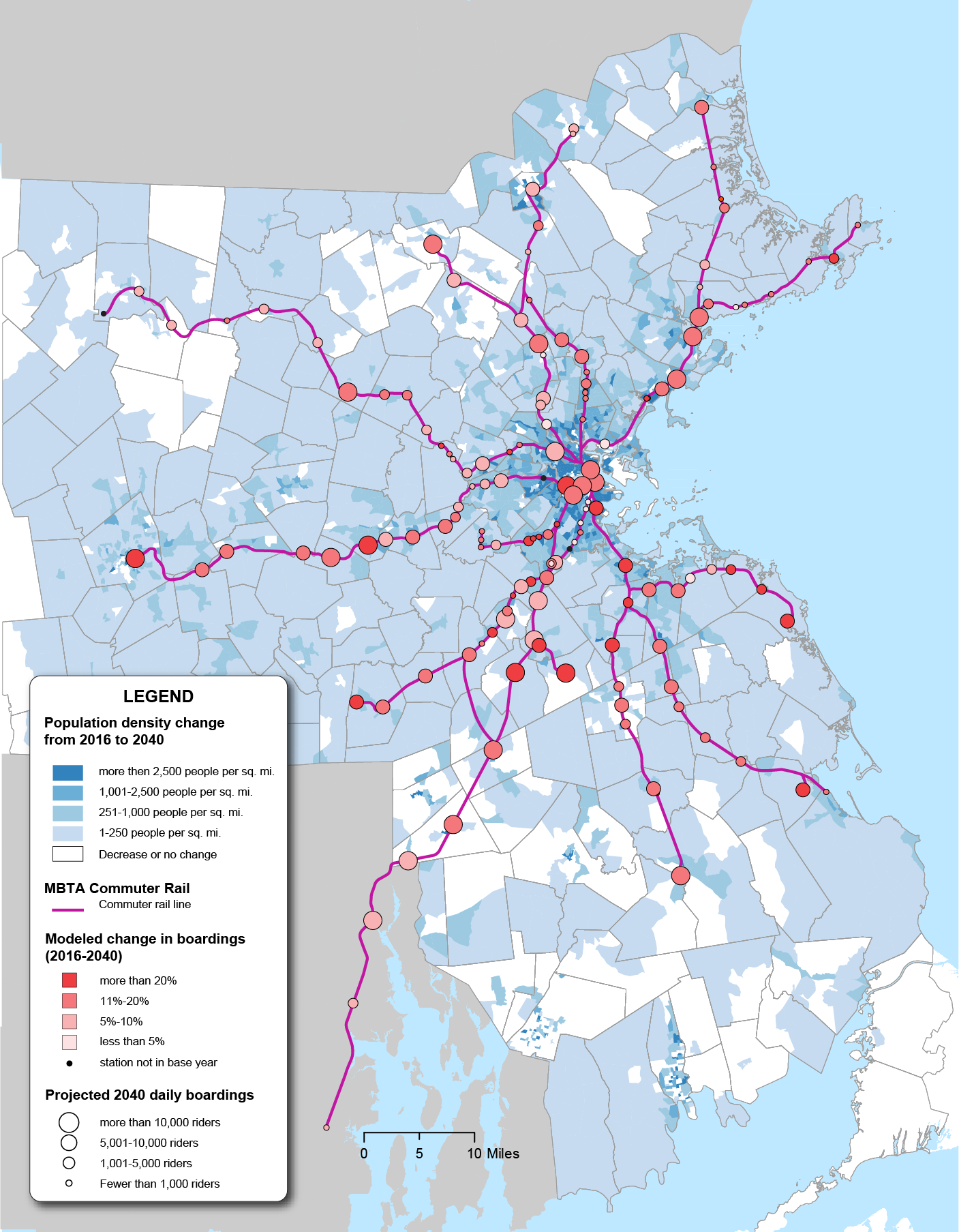 Figure 6-10 is a map of the Boston Region with MBTA Commuter Rail Lines overlaid with population density. Figure 6-10 also includes points reflecting the modeled change in boardings from 2016-2040 and Projected 2040 daily boardings. 