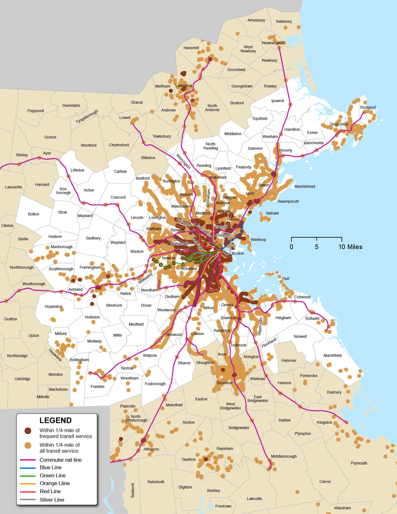 Figure 6-11 is a map of the Boston Region with MBTA Commuter Rail and Rapid Transit Lines. Figure 6-11 highlights areas within ¼ mile of frequent transit service and within ¼ mile of all-transit service in different shades. 