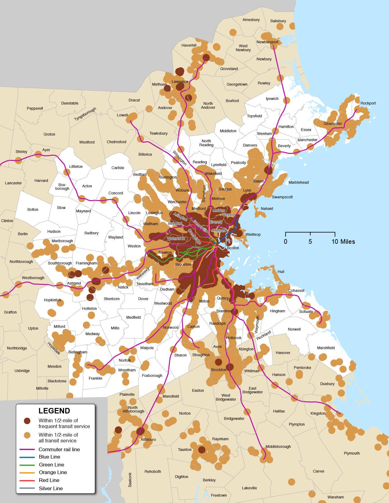 Figure 6-12 is a map of the Boston Region with MBTA Commuter Rail and Rapid Transit Lines. Figure 6-12 highlights areas within ½ mile of frequent transit service and within ½ mile of all-transit service in different shades. 