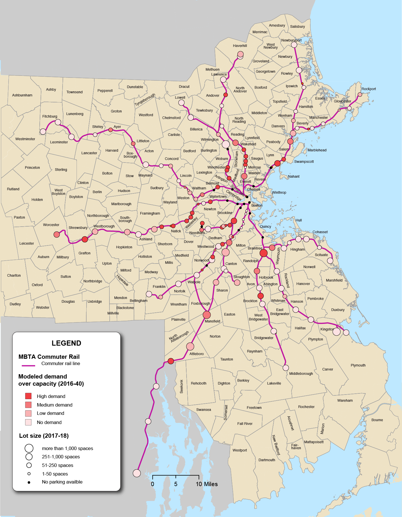 Figure 6-13 is a map of the Boston Region with MBTA Commuter Rail Lines. Figure 6-13 also shows points reflecting the Modeled Demand Over Capacity and Parking Lot Size together. 