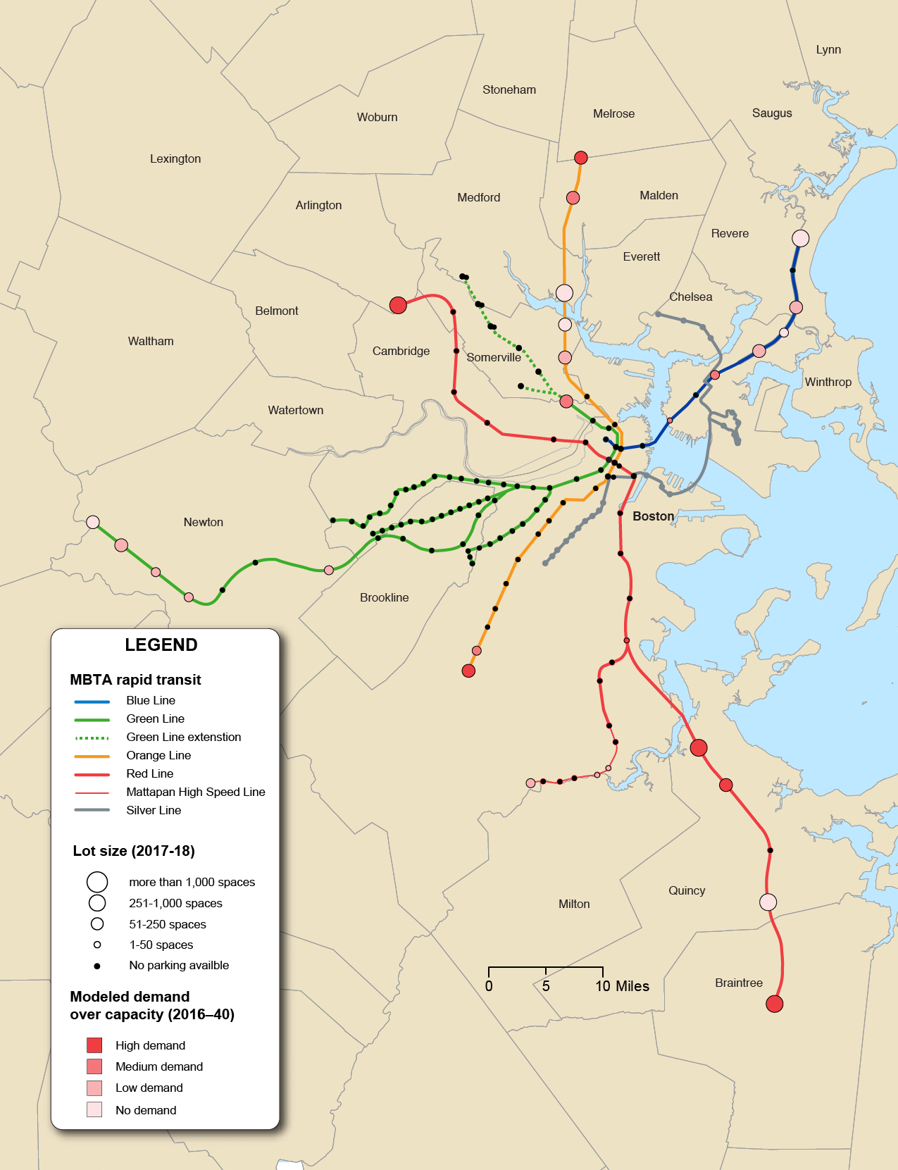 Figure 6-14 is a map of the Boston Region with MBTA Rapid Transit Lines. Figure 6-14 also shows points reflecting the Modeled Demand Over Capacity and Parking Lot Size together.