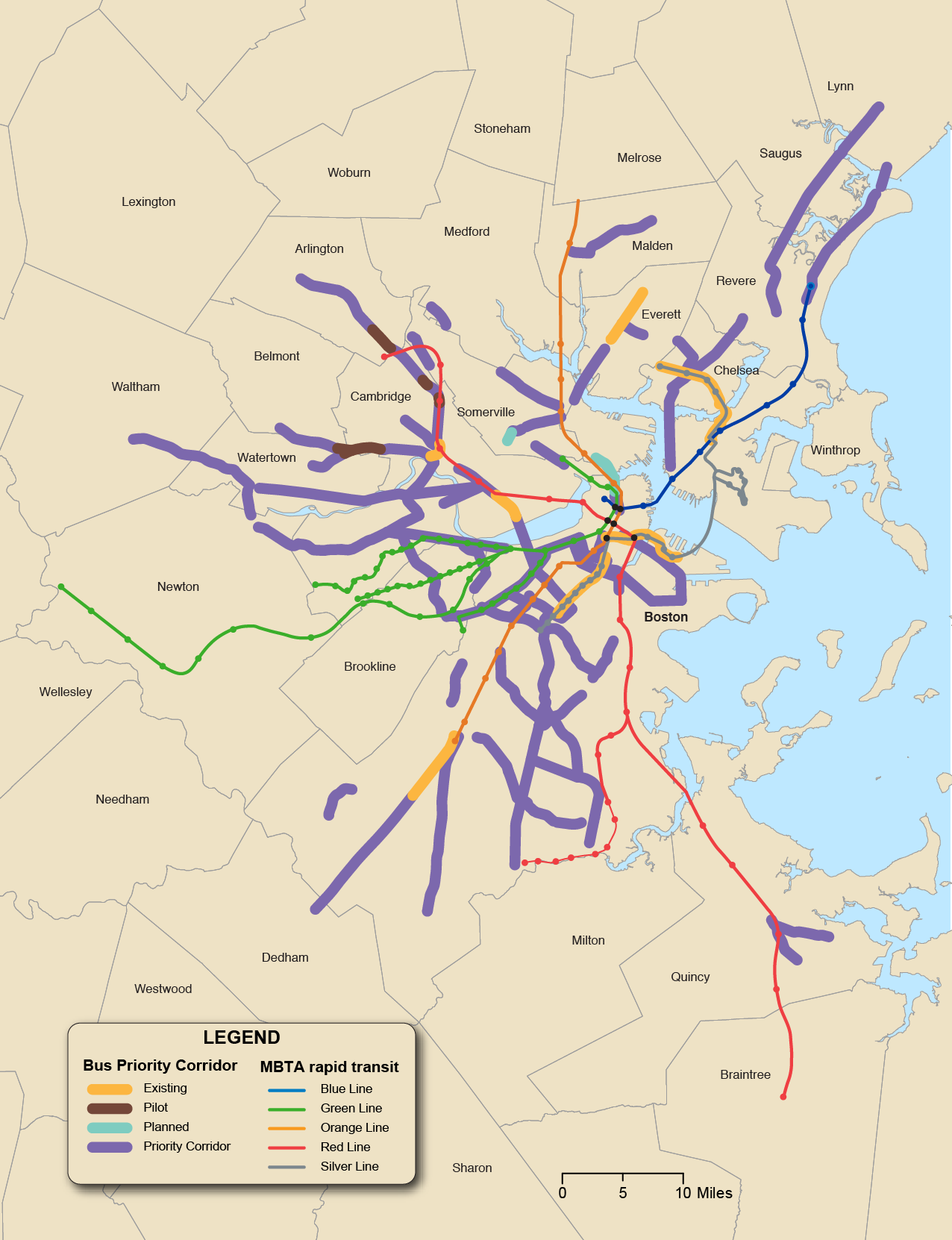 Figure 6-15 is a map of the Boston Region with MBTA Rapid Transit Lines. Figure 6-15 also shows Bus Priority Corridors by Existing, Pilot, Planned and Priority Corridor.