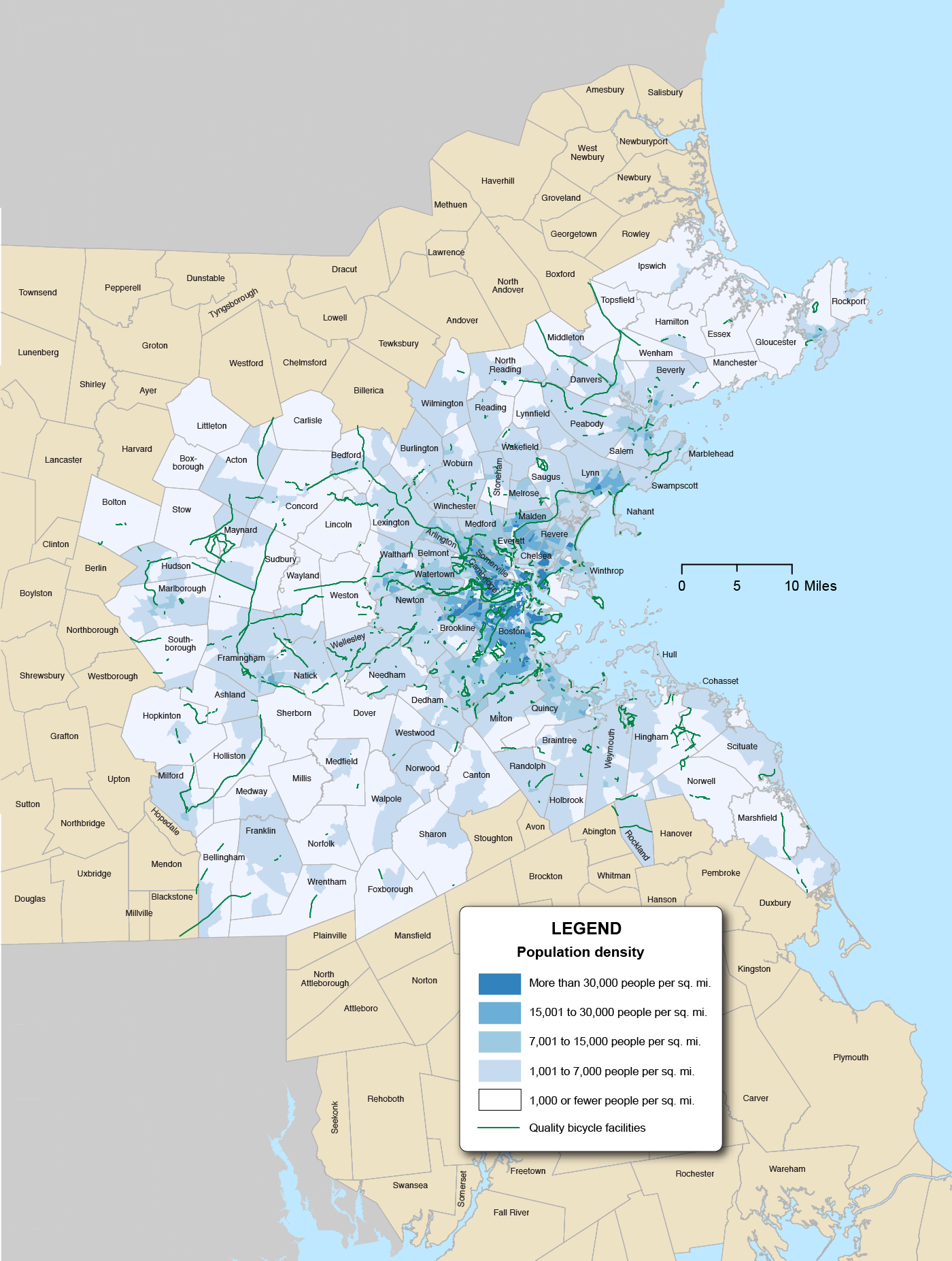 Figure 6-25 is a map of the Boston Region by municipality showing Quality bicycle facilities overlaid with population density per square mile.