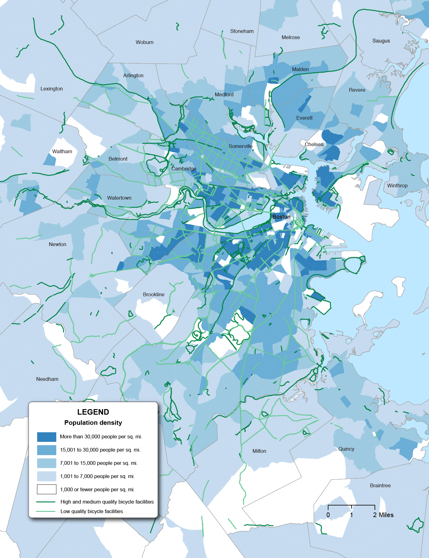 Figure 6-26 is a map of the Boston Region by municipality showing High and medium quality bicycle facilities and low quality bicycle facilities overlaid with population density per square mile.