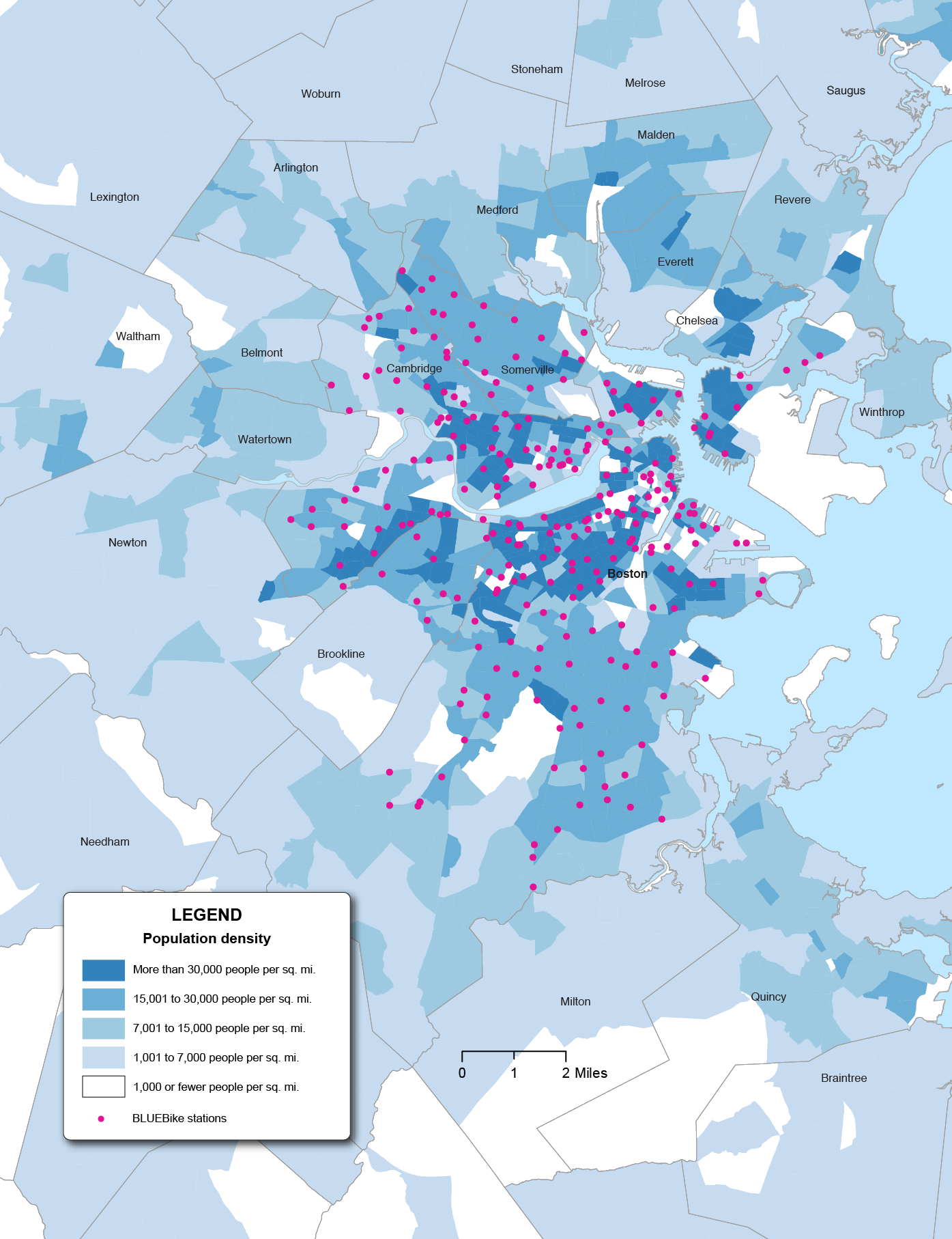 Figure 6-28 is a map of the Boston Region with locations of BLUEBike stations and overlaid with population density.
