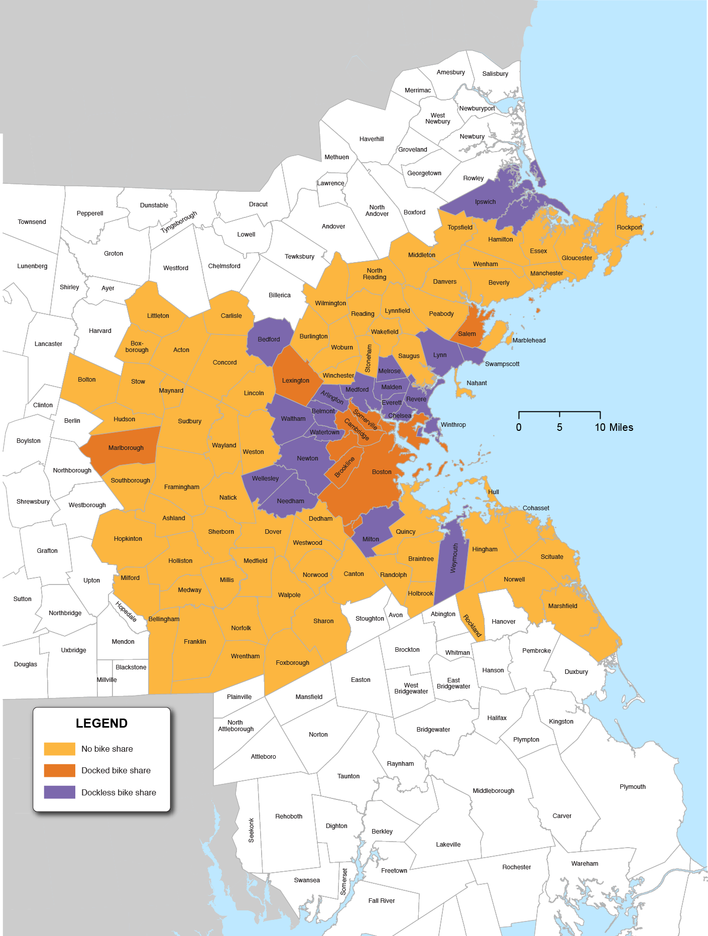 Figure 6-29 is a map of the Boston Region municipalities that have no bike share, docked bike share or dockless bike share indicated by different colors.
