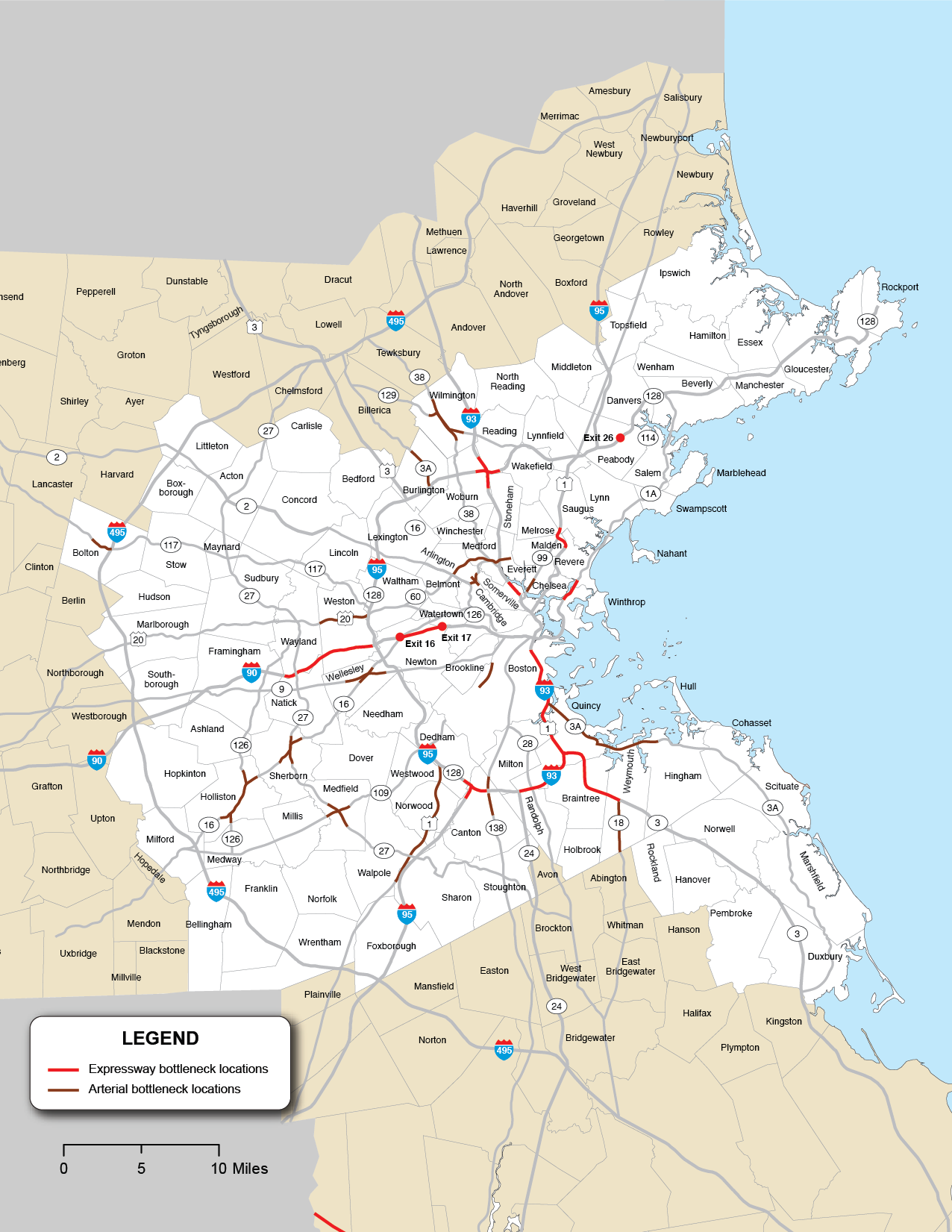 Figure 6-6 is a map of the Boston region displaying Expressways and Arterial Roadways. Figure 6-6 also shows Expressway and Arterial bottleneck locations.