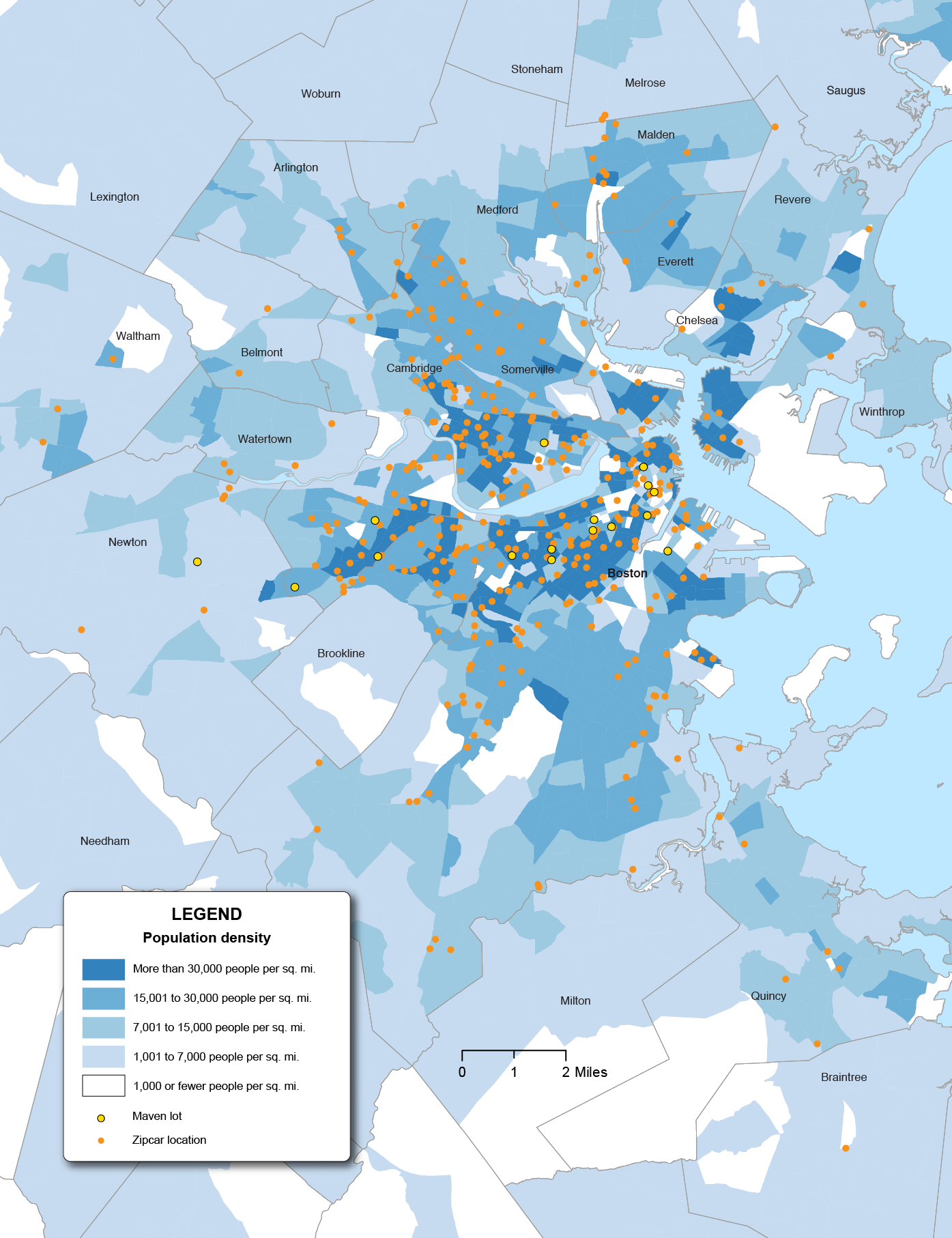 Figure 6-8 is a map of the Boston Region with points for Maven Lots and Zipcar locations overlaid with population density.