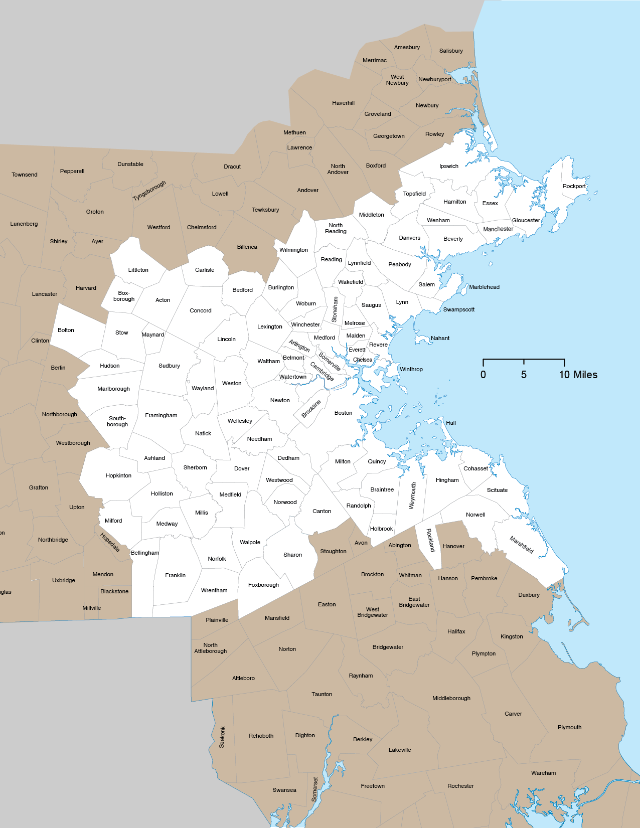 Figure 1-1 is a map that shows the physical reach of the Boston Region MPO area. It indicates that the MPO’s jurisdiction extends from Boston north to Ipswich, south to Marshfield, and west to Interstate 495. The map shows the 97 cities and towns that make up the MPO area. 