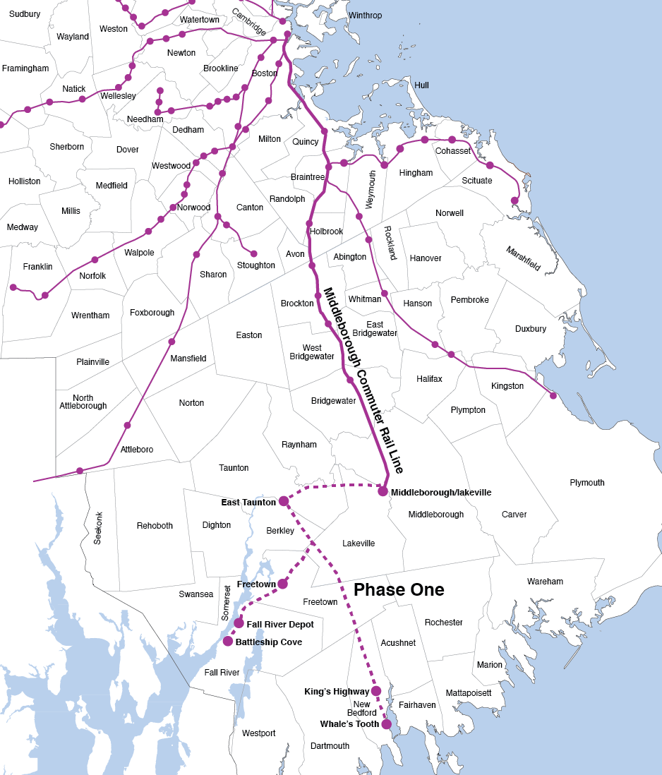 Figure 4-15. South Coast Rail Project Area
Figure 4-15 is a map of the existing MBTA Commuter Rail system in the southern part of the Boston Region MPO area and the proposed Phase One of the South Coast Rail to Taunton, Fall River, and New Bedford.
