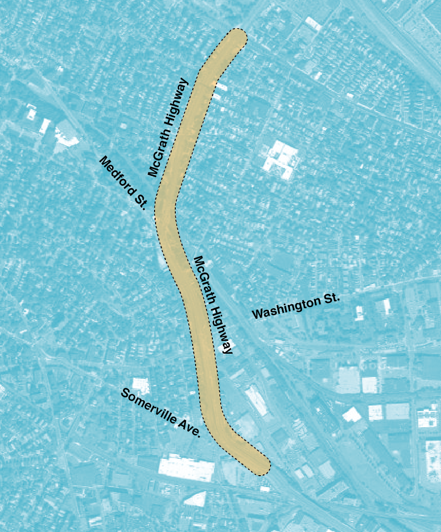 Figure 4-8. McGrath Boulevard Project Area
Figure 4-8 is a map of McGrath Highway, Medford Street, Somerville Avenue, and Washington Street.

