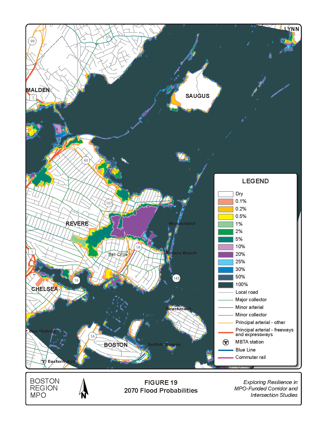 Figure 19 is a map of the study area showing the flood risk probabilities for 2070.