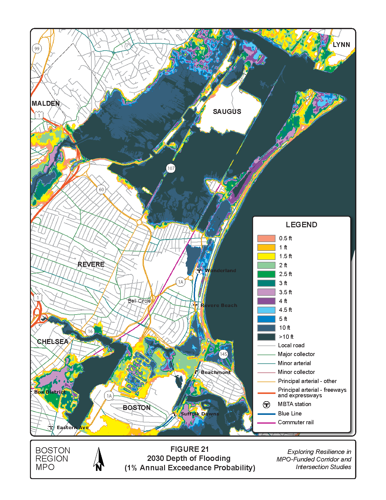 Figure 21 is a map of the study area showing the one percent flood depth for 2030.