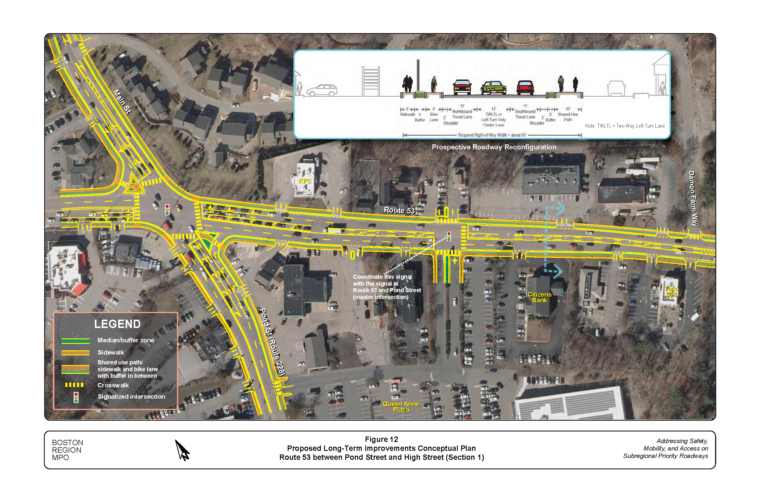 This figure shows a conceptual plan of the proposed long-term improvements in the Route 53 section from Pond Street to Demon Farm Way.
