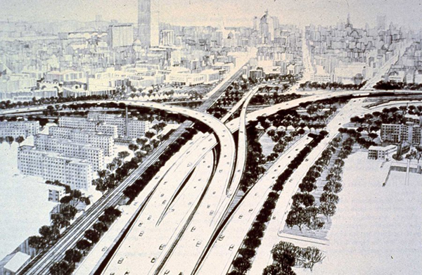 Rendering of a highway interchange circa 1960