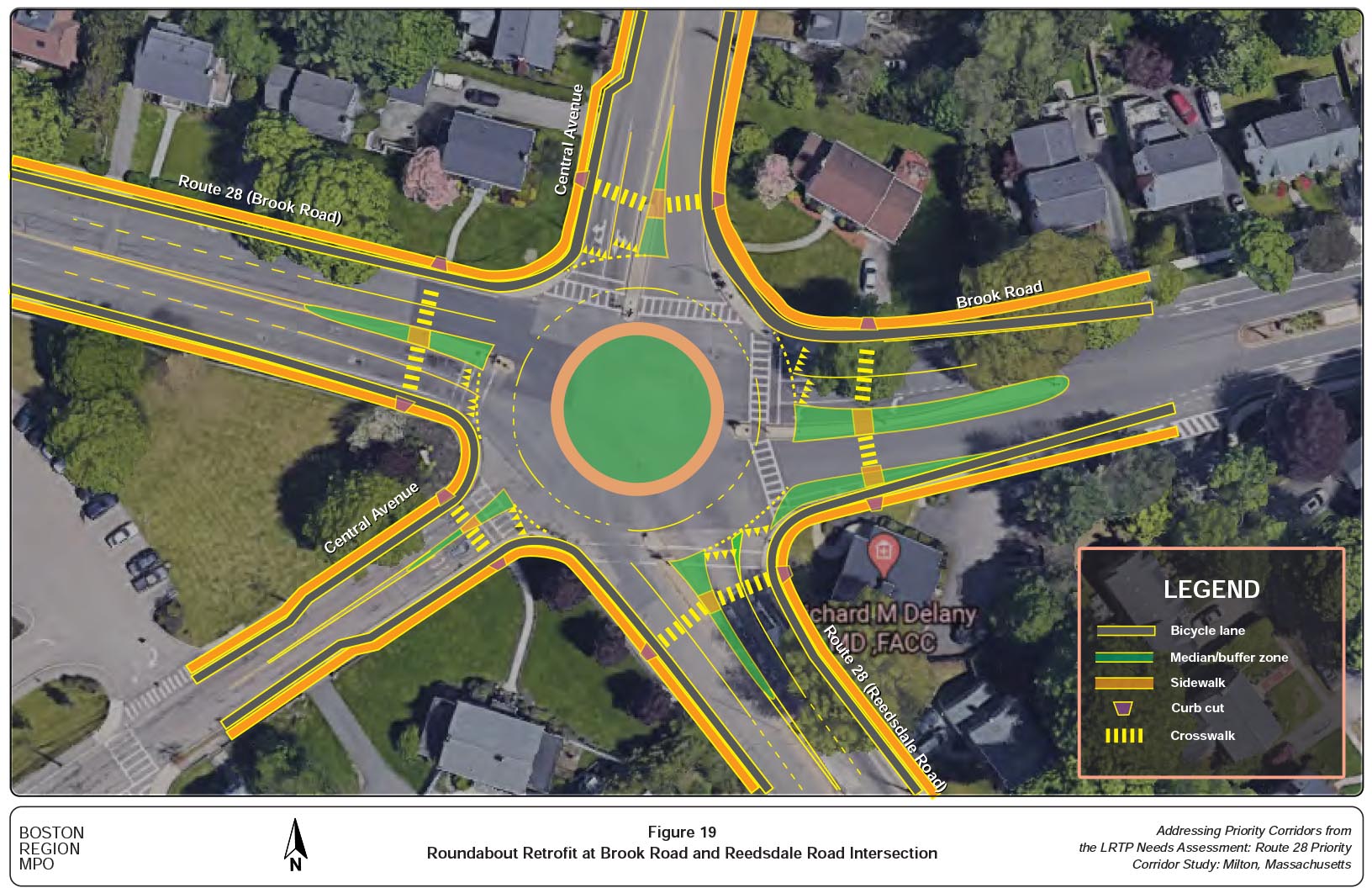 Figure 19
Roundabout Retrofit at Brook Road and Reedsdale Road Intersection 
Figure 19 shows the layout of the Roundabout Retrofit at Brook Road and Reedsdale Road Intersection.
