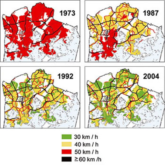 FIGURE 5. Changes in Speed Limits in Helsinki, 1973–2004
This figure is a mosaic of four maps representing the evolution of speed limits throughout Helsinki from 1973 to 2004. The maps show a trend of declining speed limits over time.