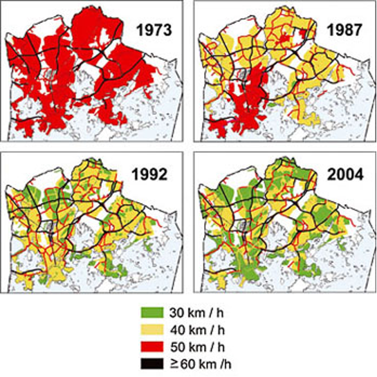 FIGURE 5. Changes in Speed Limits in Helsinki, 1973–2004
This figure is a mosaic of four maps representing the evolution of speed limits throughout Helsinki from 1973 to 2004. The maps show a trend of declining speed limits over time. 
