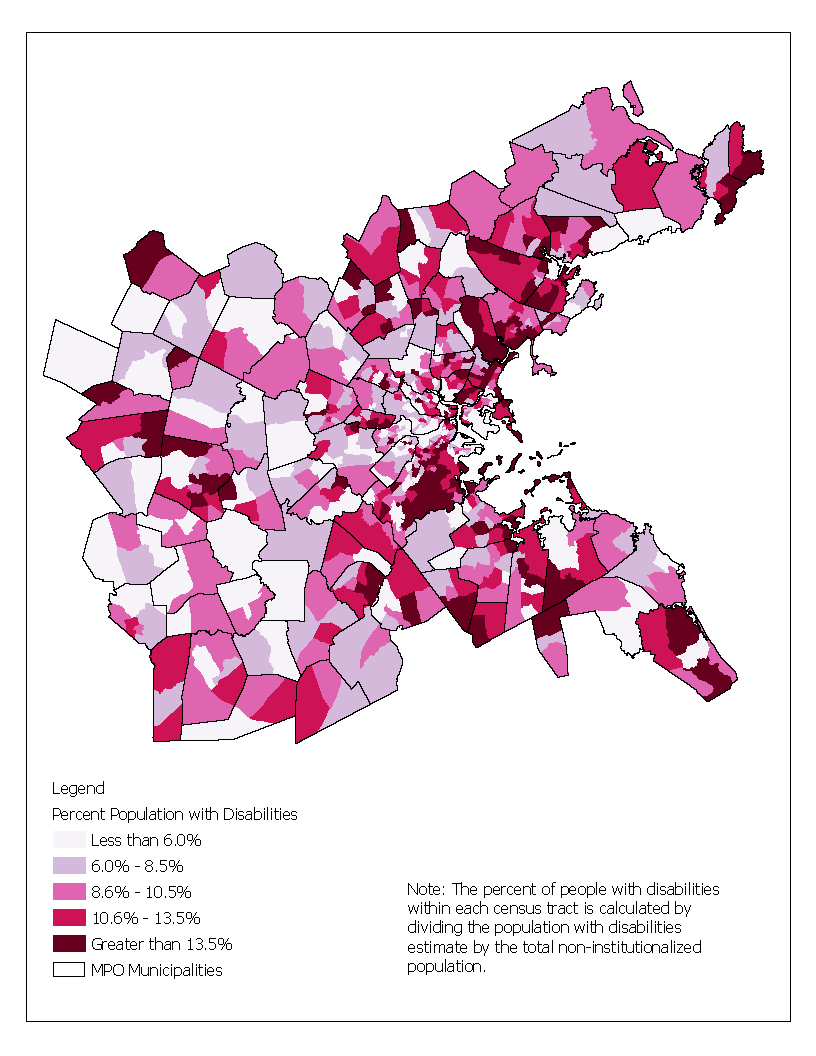 Figure 6-5 is a map showing the percent of the population with disabilities in each census tract across the 97 communities in the Boston region.