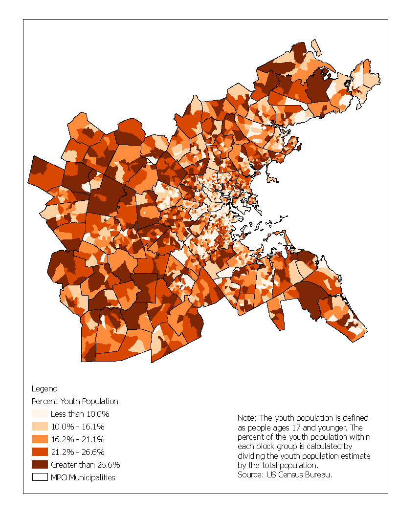 Figure 6-7 is a map showing the percent of the population that is age 17 or younger in each block group across the 97 communities in the Boston region.