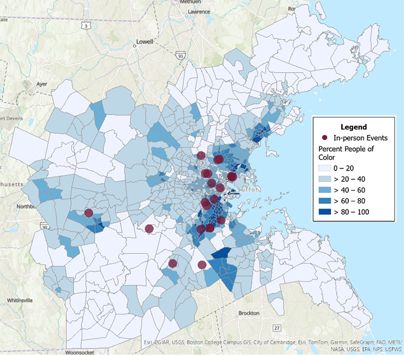 Figure 3 is a map depicting the geographic distribution of FFY 2024 in-person event locations in relationship to the distribution of people of color in the Boston region. While most in-person events overlapped with areas of medium to high concentrations of people of color, there are several gaps outside of the inner core, including on the North and South shores and in the western part of the region. 