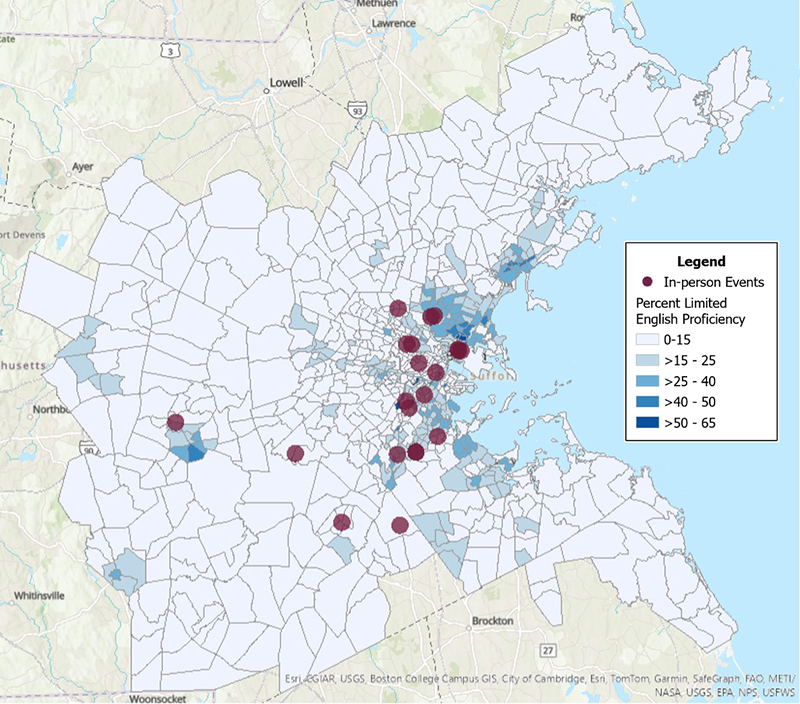 Figure 4 is a map depicting the geographic distribution of FFY 2024 in-person event locations in relationship to the distribution of the limited English proficiency population in the Boston region. While most in-person events overlapped with areas of medium to high concentrations of people with limited English proficiency, there are some gaps outside of the inner core, including on the North and South shores. 