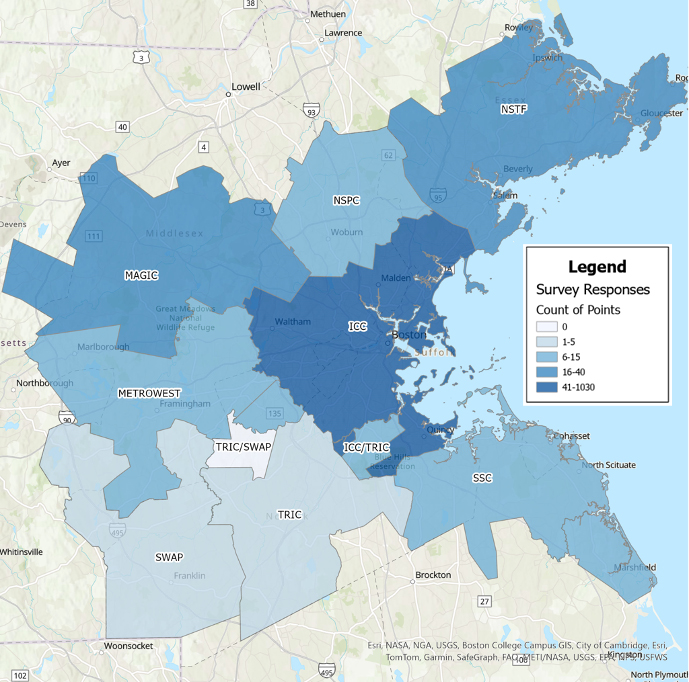 Figure 6 is a map depicting the geographic distribution of survey responses (by subregion) for all FFY 2024 surveys. The highest concentration of responses were in the inner core, and the lowest concentration of responses were in the Three Rivers Interlocal Council (TRIC) and Southwest Advisory Planning Committee subregions (SWAP). 