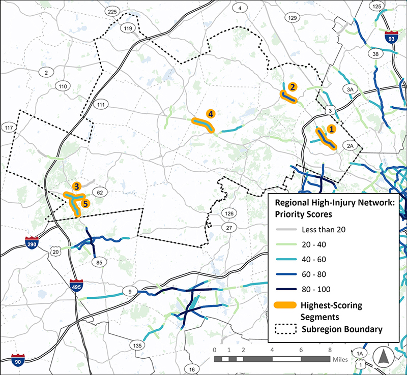 A map of the Minuteman Advisory Group on Interlocal Coordination (MAGIC) Subregion, consisting of communities stretching to the northwest from Lexington to Acton. A Prioritized Regional High Injury Network, consisting of highlighted highest-scoring roadway segments, is overlayed on the map. This area has high-scoring segments in Marlborough, Hudson, Framingham, and around Concord, Lexington, and Acton.