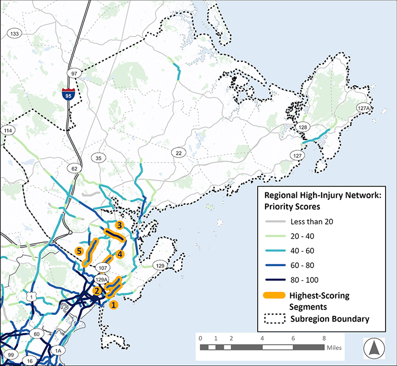 A map of the North Shore Task Force (NSTF) Subregion, consisting of communities along the shores to the Northeast of Boston. A Prioritized Regional High Injury Network, consisting of highlighted highest-scoring roadway segments, is overlayed on the map. This area has high-scoring segments in Lynn, Salem, Beverly, Danvers, and Gloucester.