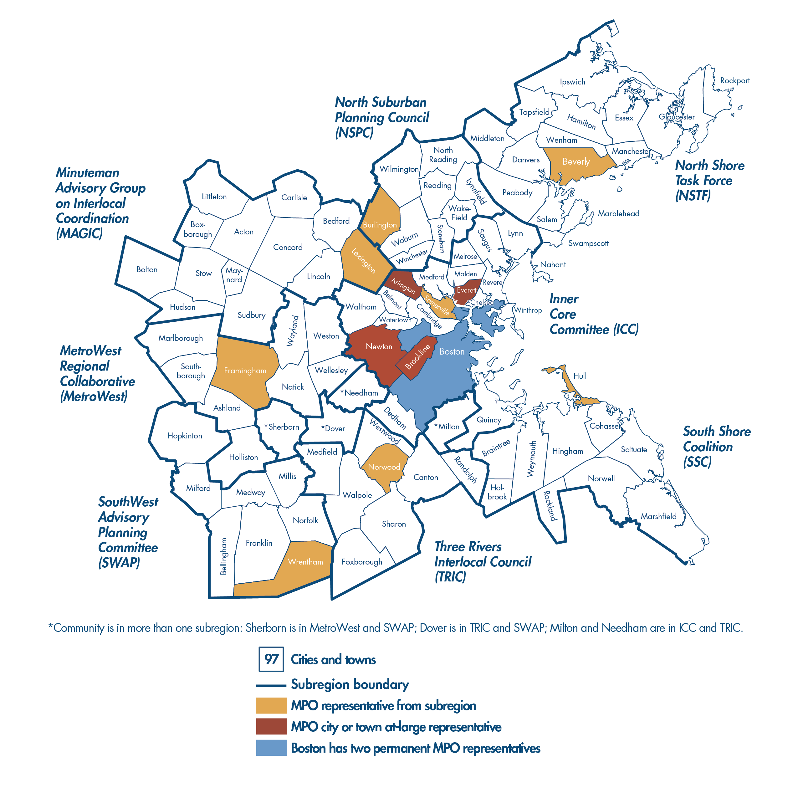 A map showing the 97 cities and towns that make up the Boston Region, including the eight subregions communities are grouped into.