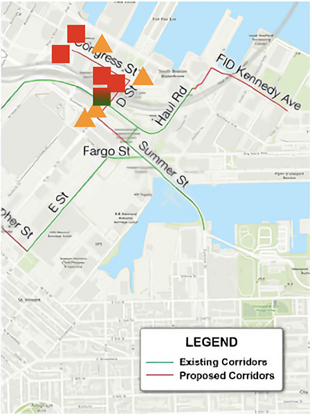 Map of area with red squares and orange triangles plus green lines representing existing cooridors and red lines representing proposed corridors.