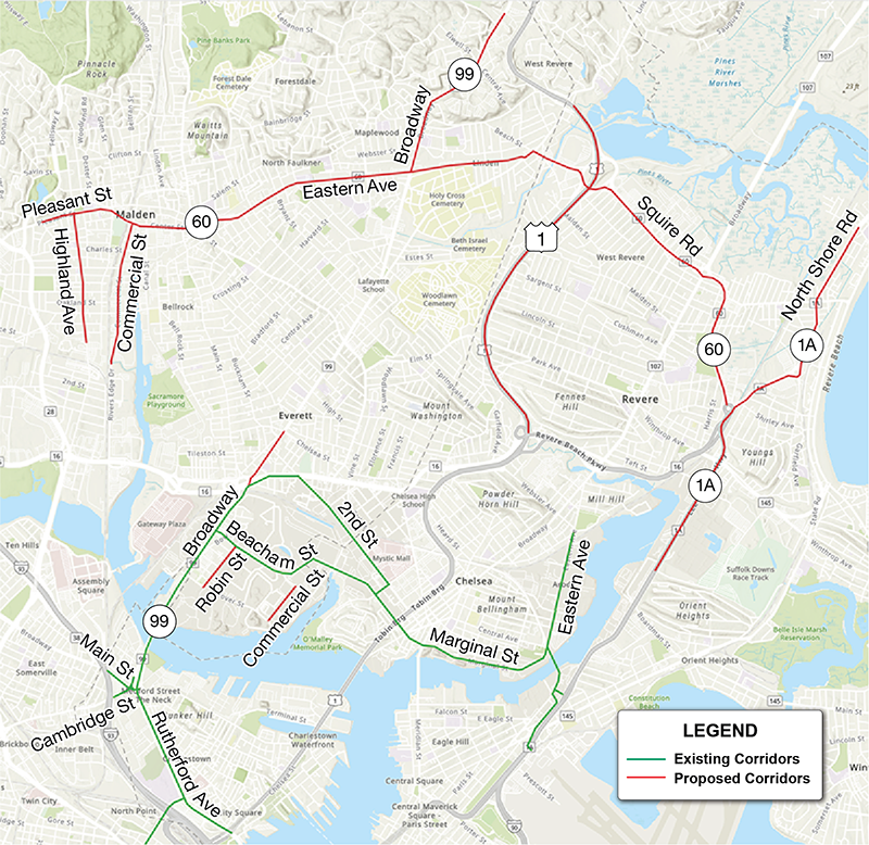 Figure 2This figure shows the existing and proposed corridors in Malden, Everett, Chelsea, and Revere.