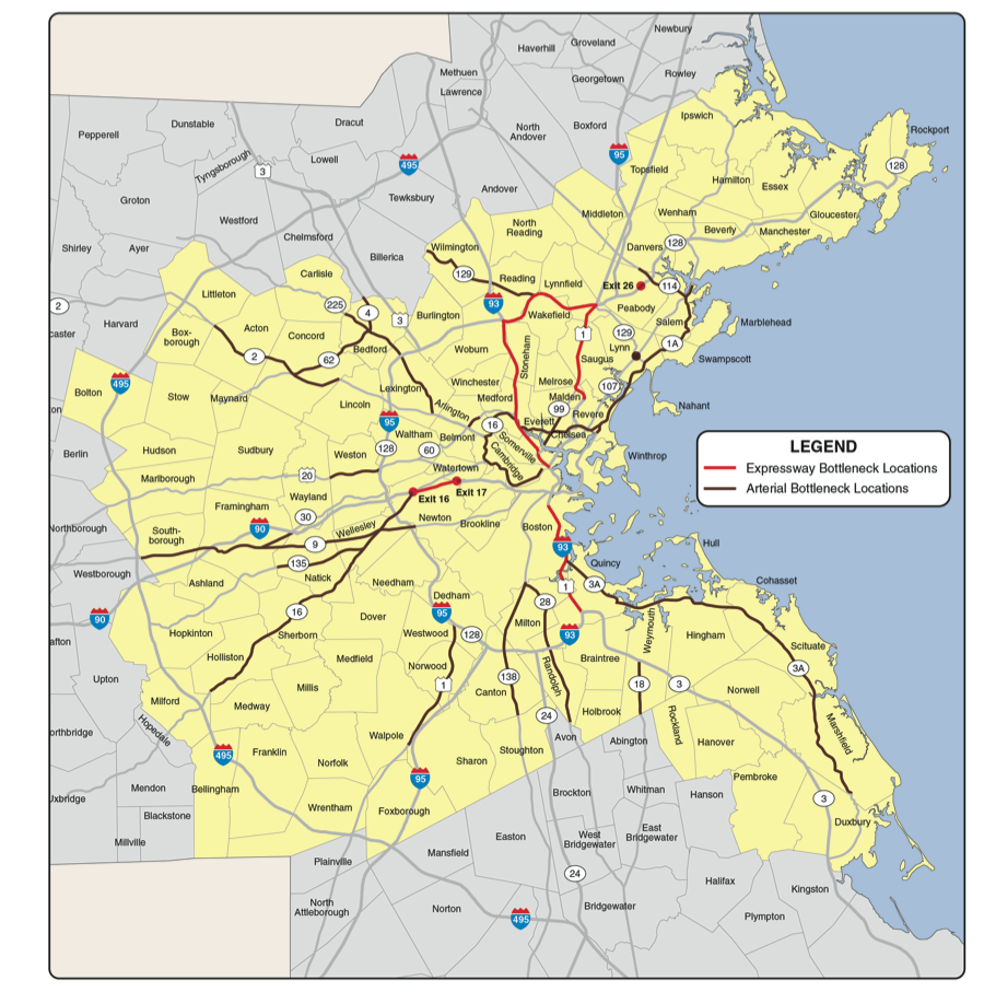 Figure 3.2 is a map of the expressway and arterial bottleneck locations in the Boston Region MPO area.