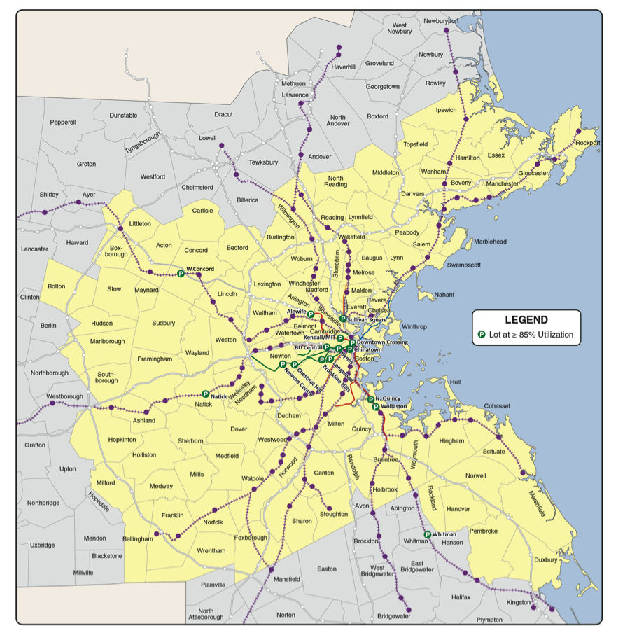 Figure 3.4 is a map of the bicycle parking facilities with a utilization rate of more than 85% in the Boston Region MPO.