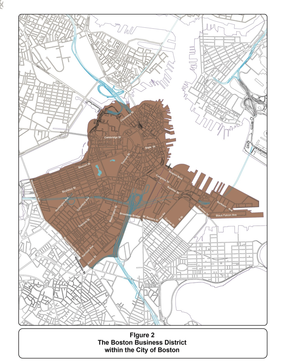 Figure 3-2 is a map of the Boston Business District within the City of Boston. The boundaries of the Boston Business District are described in the text.