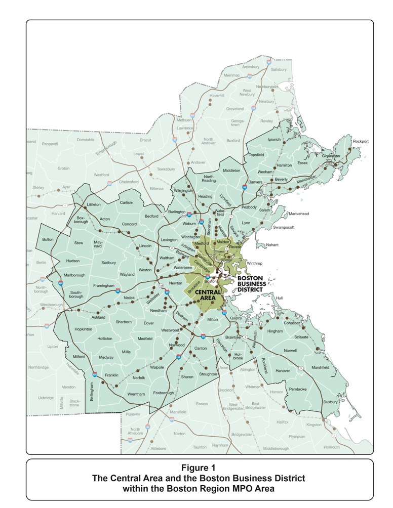Figure 3-1 is a map of the Boston Region MPO area showing the Central Area and its proximity to the Boston Business District. The municipalities in the Central Area are described in the text.