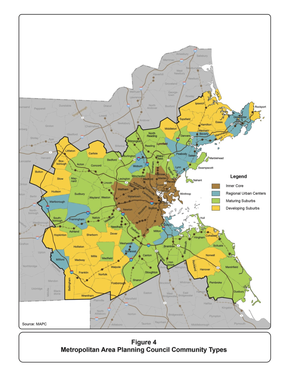 Figure 3-4 is a map of the Metropolitan Area Planning Council Community Types. They include the Inner Core, Regional Urban Centers, Maturing Suburbs, and Developing Suburbs.
