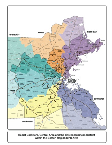 map of Radial Corridors, the Central Area, and the Boston Business District
within the Boston Region MPO Area
