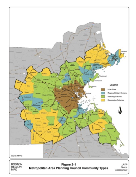 Figure 2-1 is a map of Metropolitan Area Planning Council's community types, depicting the inner core, regional urban centers, maturing suburbs, and developing suburbs in the Boston Region MPO area.
