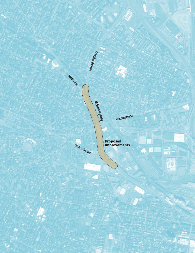 Map showing the location of the Grounding of McGrath Boulevard project from the Gilman Street Bridge to the Squires Bridge in Somerville.