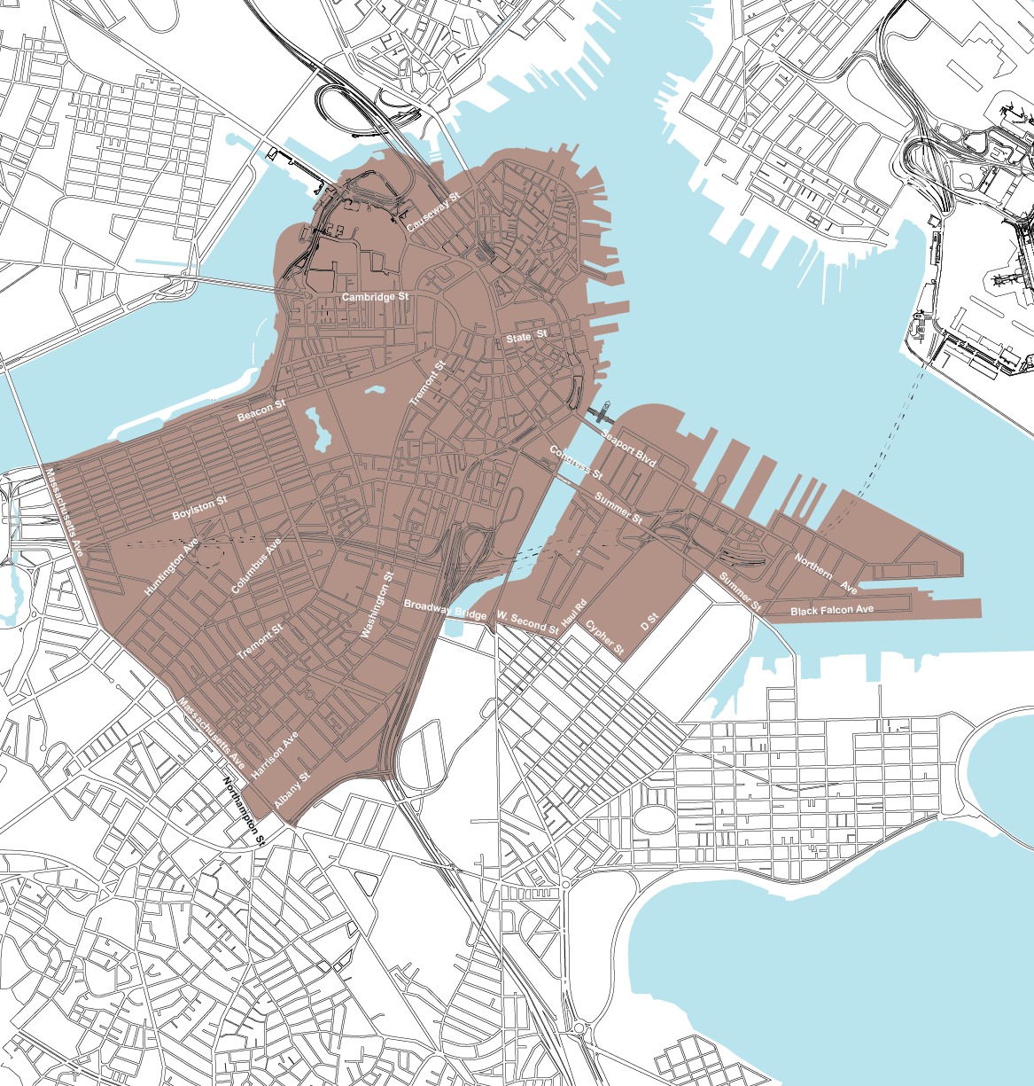 Figure 3-2 is a map displaying the Boston Business District boundaries and the roadways within and surrounding the area.
