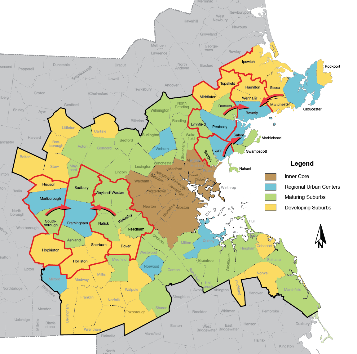 Figure 3-7 is a map of the Boston Region MPO area demarcating municipalities by Inner Core, Regional Urban Centers, Maturing Suburbs and Developing Suburbs. Figure 3-7 also depicts notable suburban trip flows by municipality.