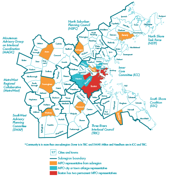 This is a map of the cities and towns in the Boston Region. There are 97 cities and towns within the Boston Region Metropolitan Planning Organization’s planning area 